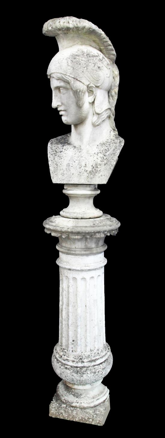 A carved marble bust of a Greek warrior, height of bust 3ft, height overall 6ft 8in.